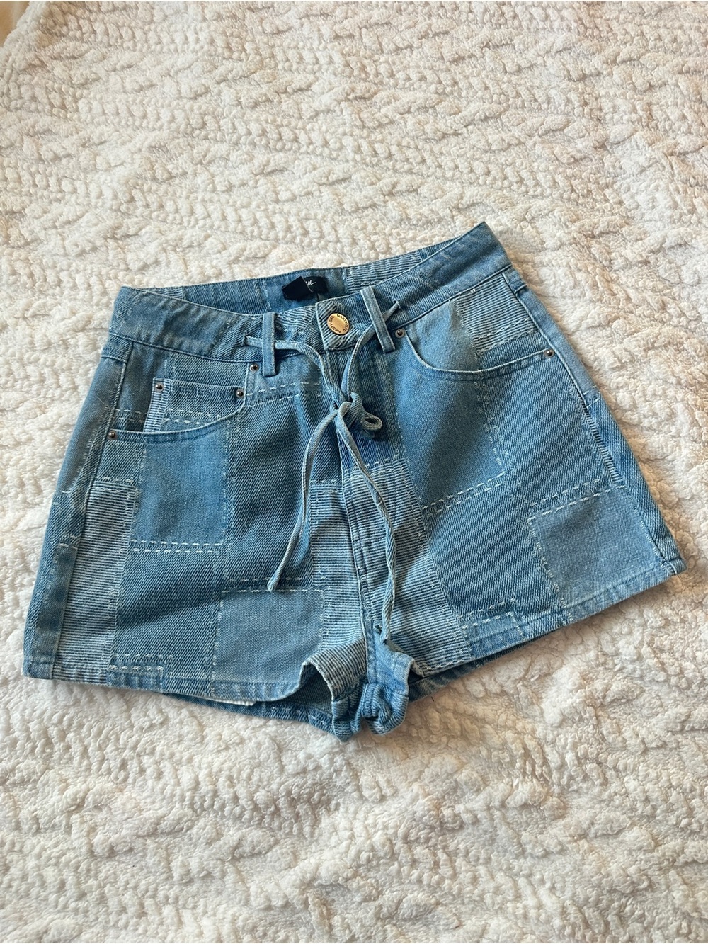 Denim Patchwork Tie-Waist Women’s Shorts - Light Blue